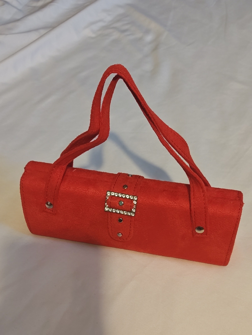 Red Suede Wristlet Handbag with Rhinestone Buckle